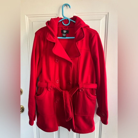 MISS LILI Red Hooded Belted Peacoat Women’s Size Large RN 57685 - Picture 2 of 12